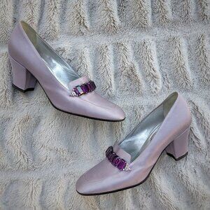 CASADEI LUXE Vintage 90s Lilac Satin Crystal Embellished Heeled Loafers Sz. 7.5